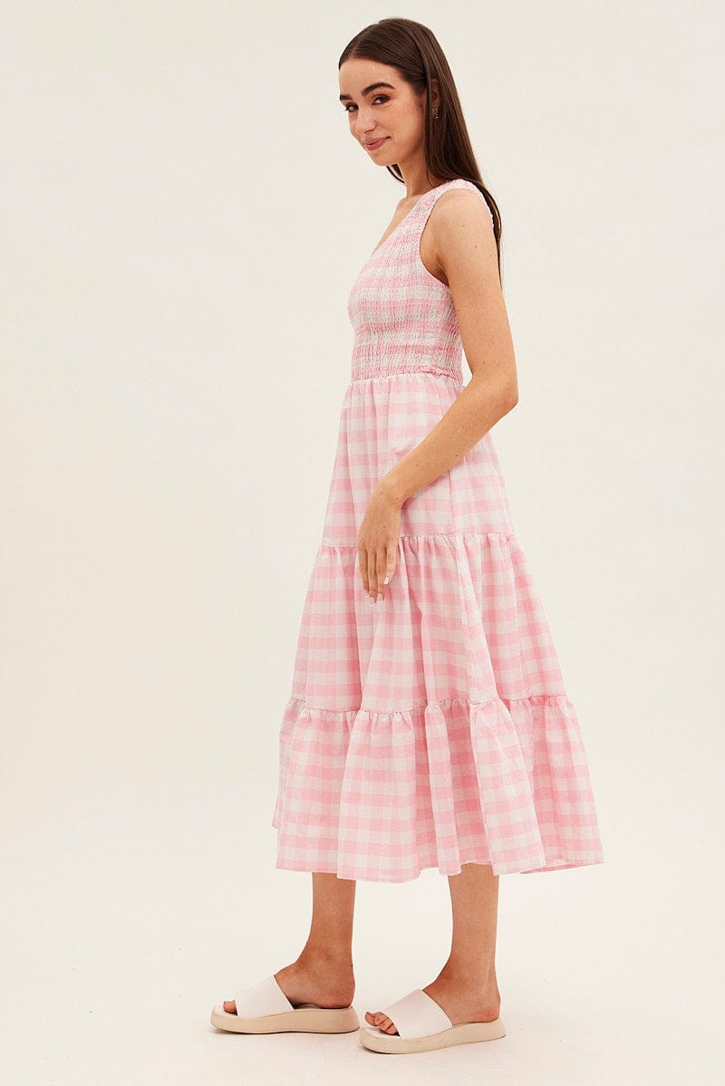 Pink Check Midi Dress One Shoulder Shirred Body for Ally Fashion