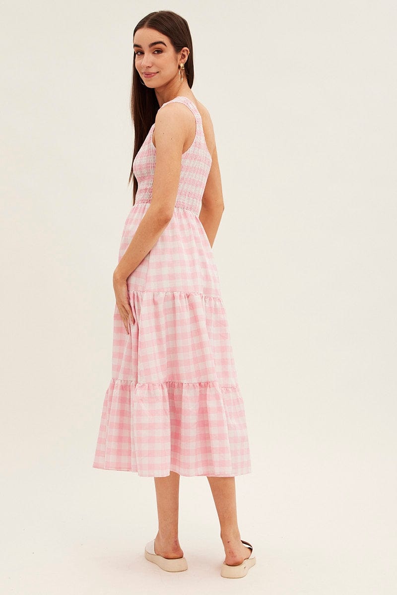 Pink Check Midi Dress One Shoulder Shirred Body for Ally Fashion