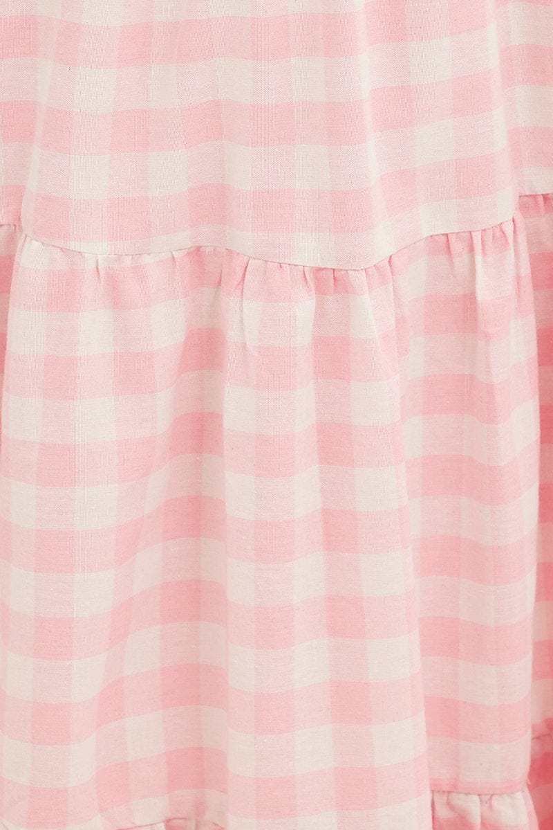 Pink Check Midi Dress One Shoulder Shirred Body for Ally Fashion