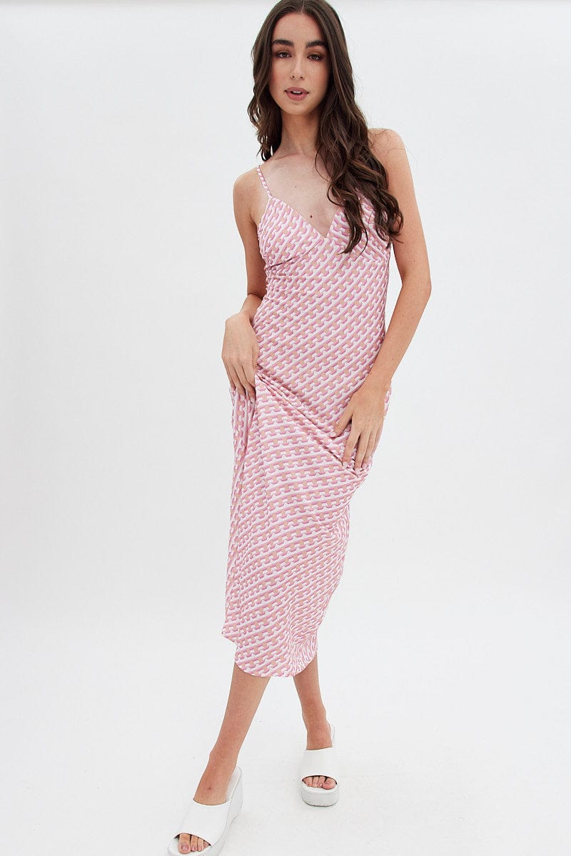 Pink Geo Midi Dress V-Neck Sleeveless for Ally Fashion