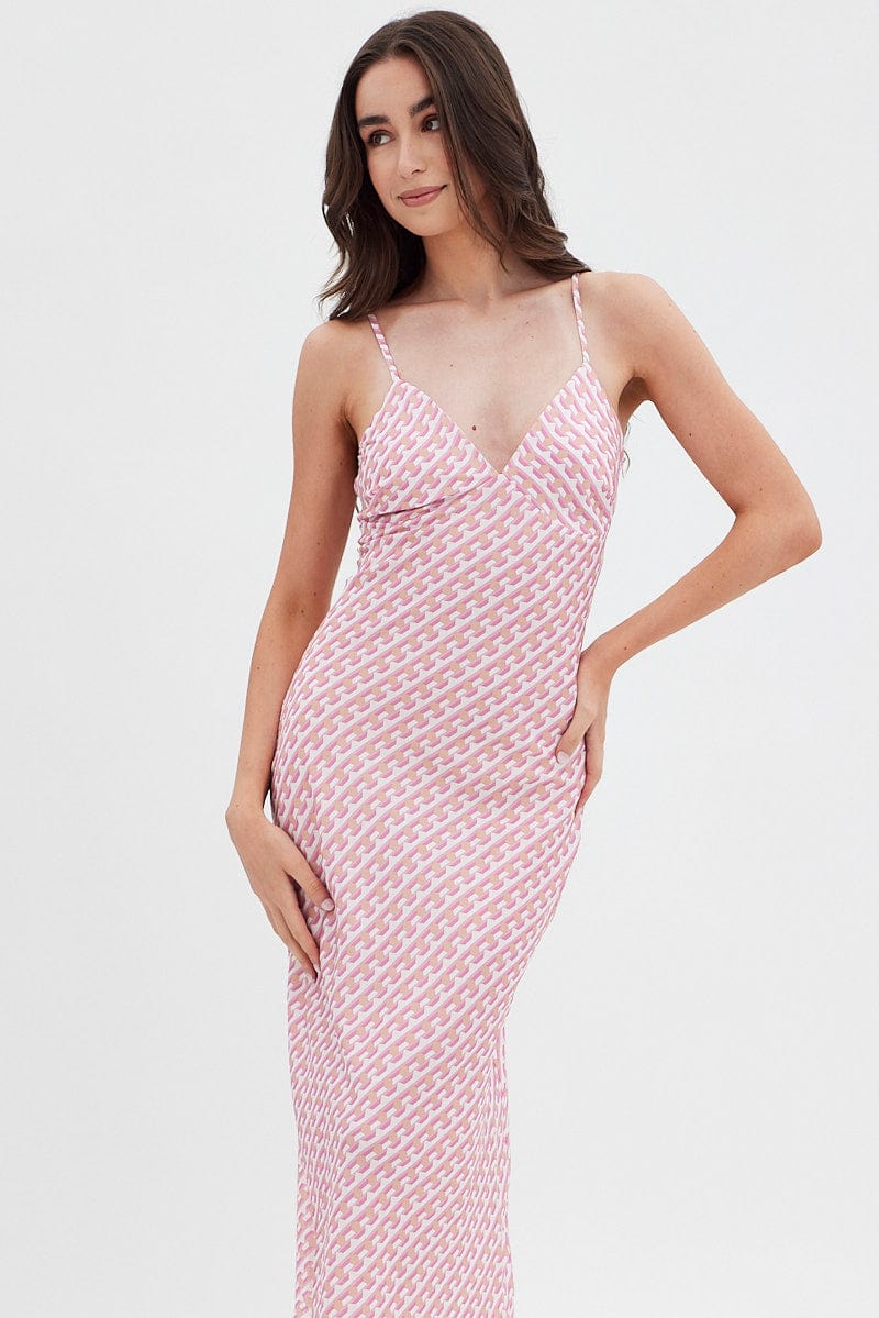 Pink Geo Midi Dress V-Neck Sleeveless for Ally Fashion