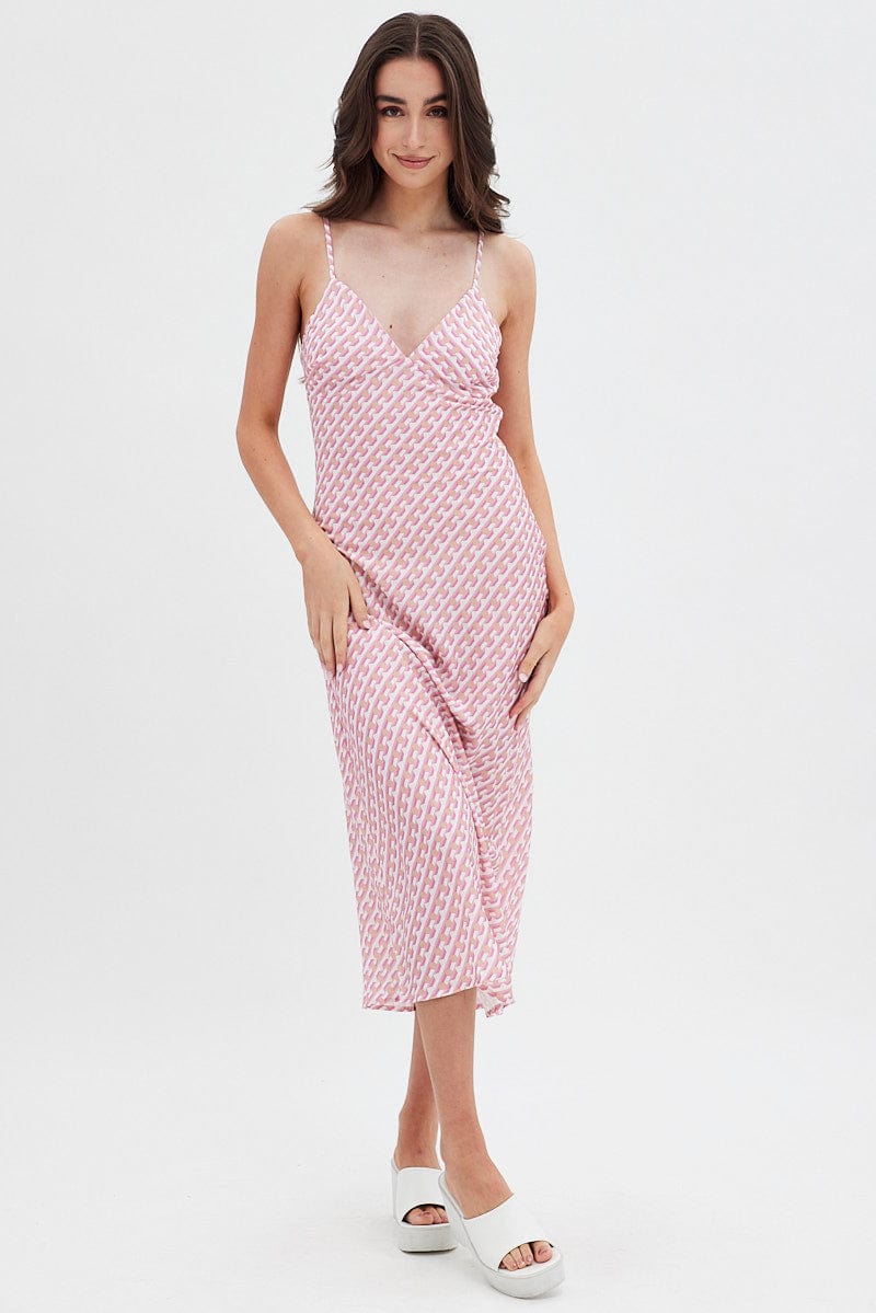 Pink Geo Midi Dress V-Neck Sleeveless for Ally Fashion