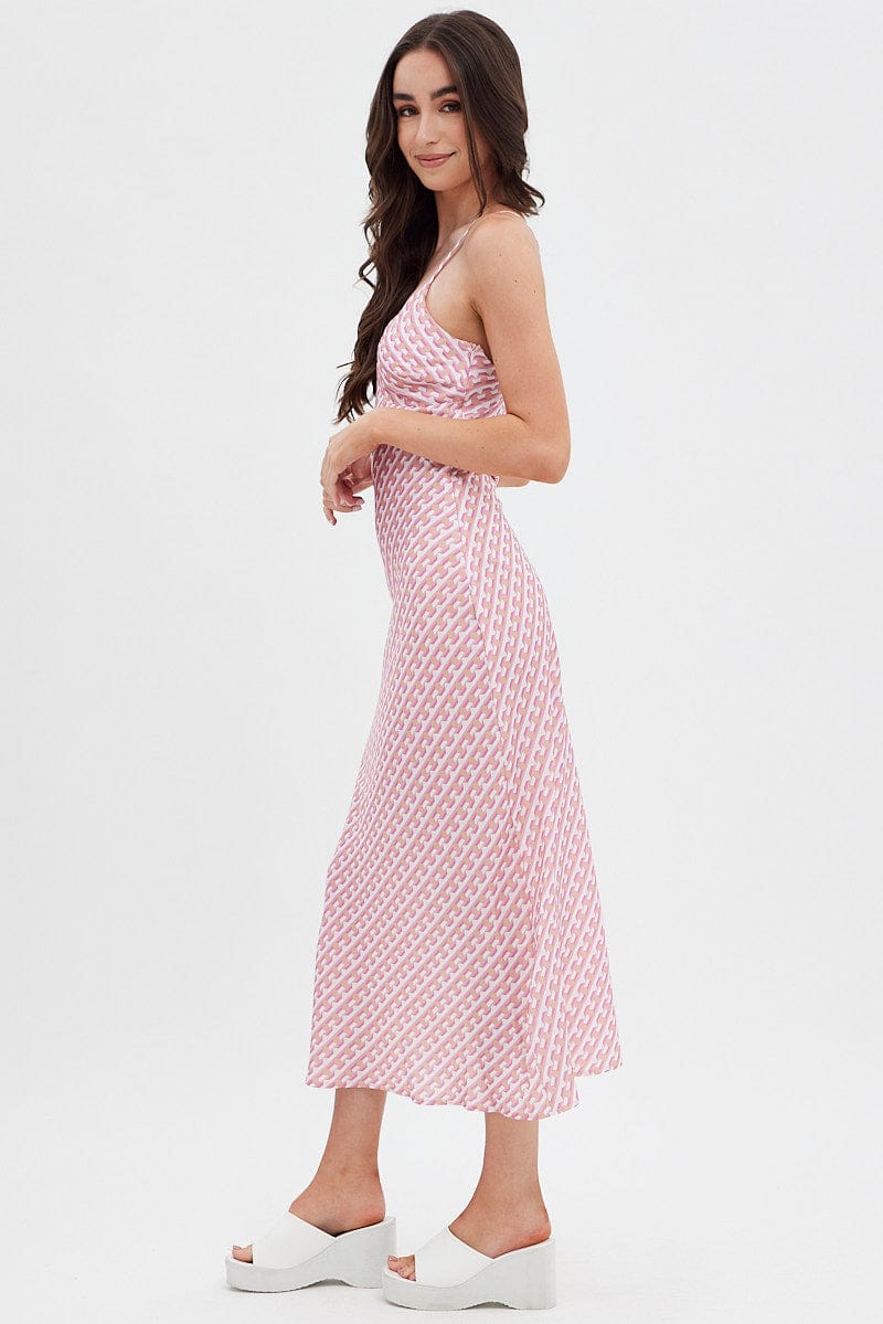 Pink Geo Midi Dress V-Neck Sleeveless for Ally Fashion