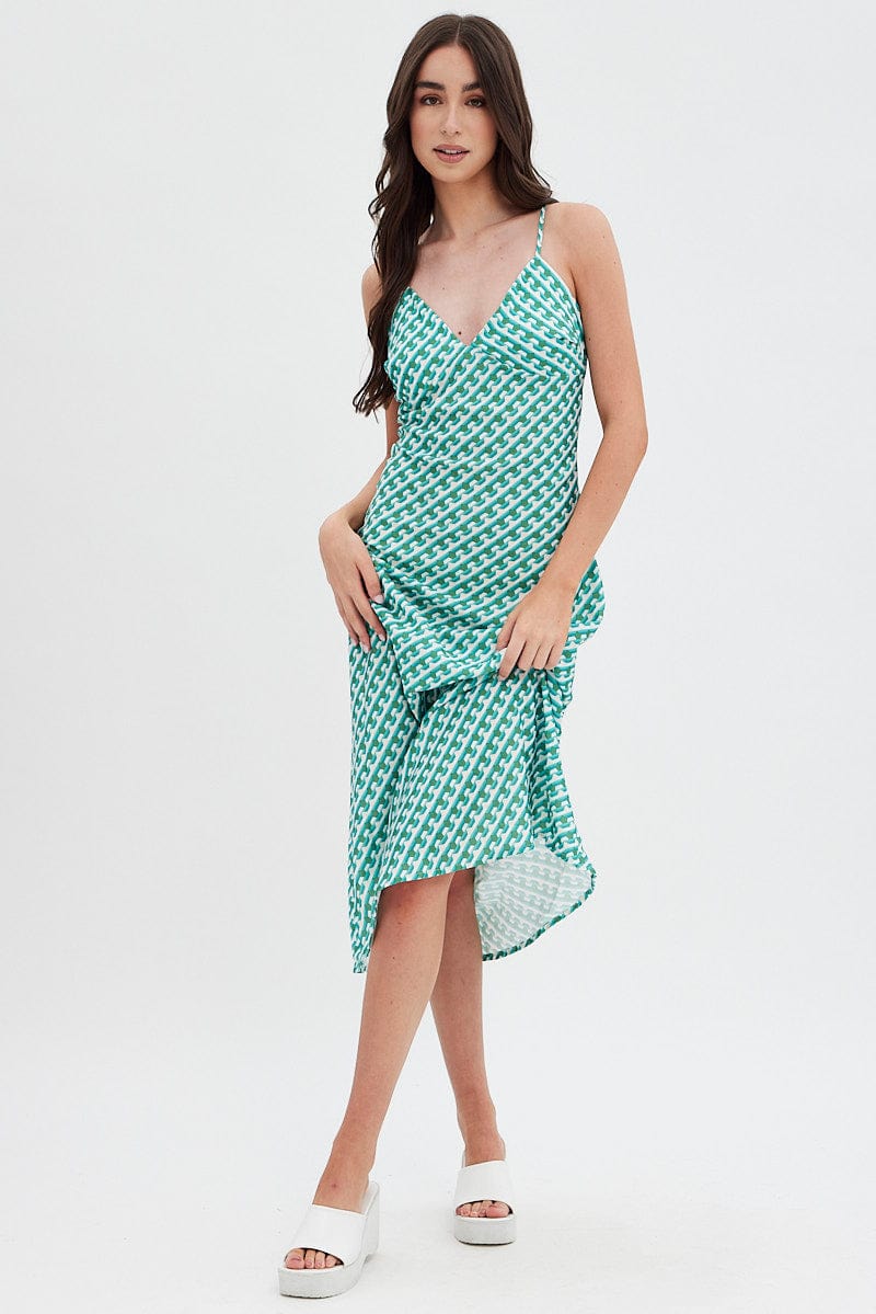 Green Geo Midi Dress V-Neck Sleeveless for Ally Fashion