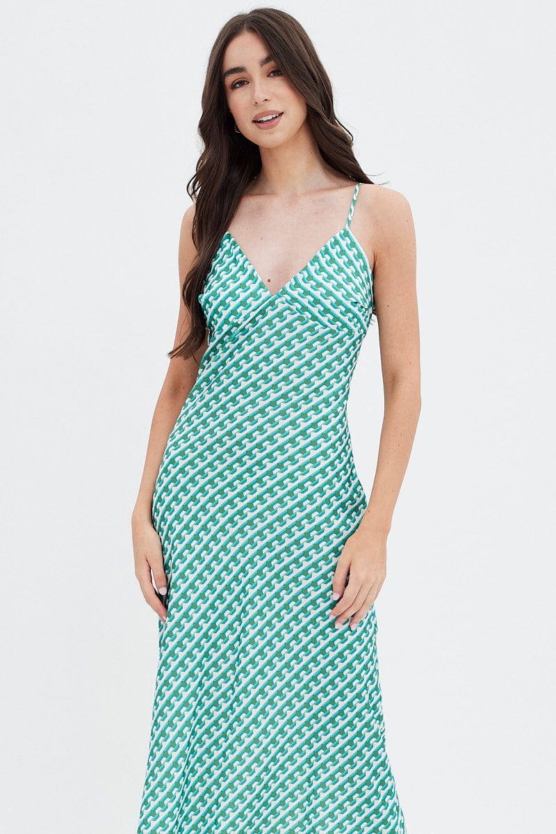 Green Geo Midi Dress V-Neck Sleeveless for Ally Fashion