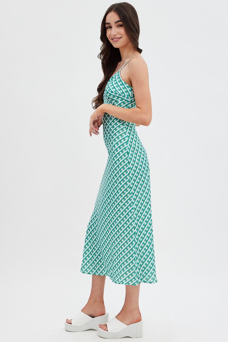 Green Geo Midi Dress V-Neck Sleeveless for Ally Fashion