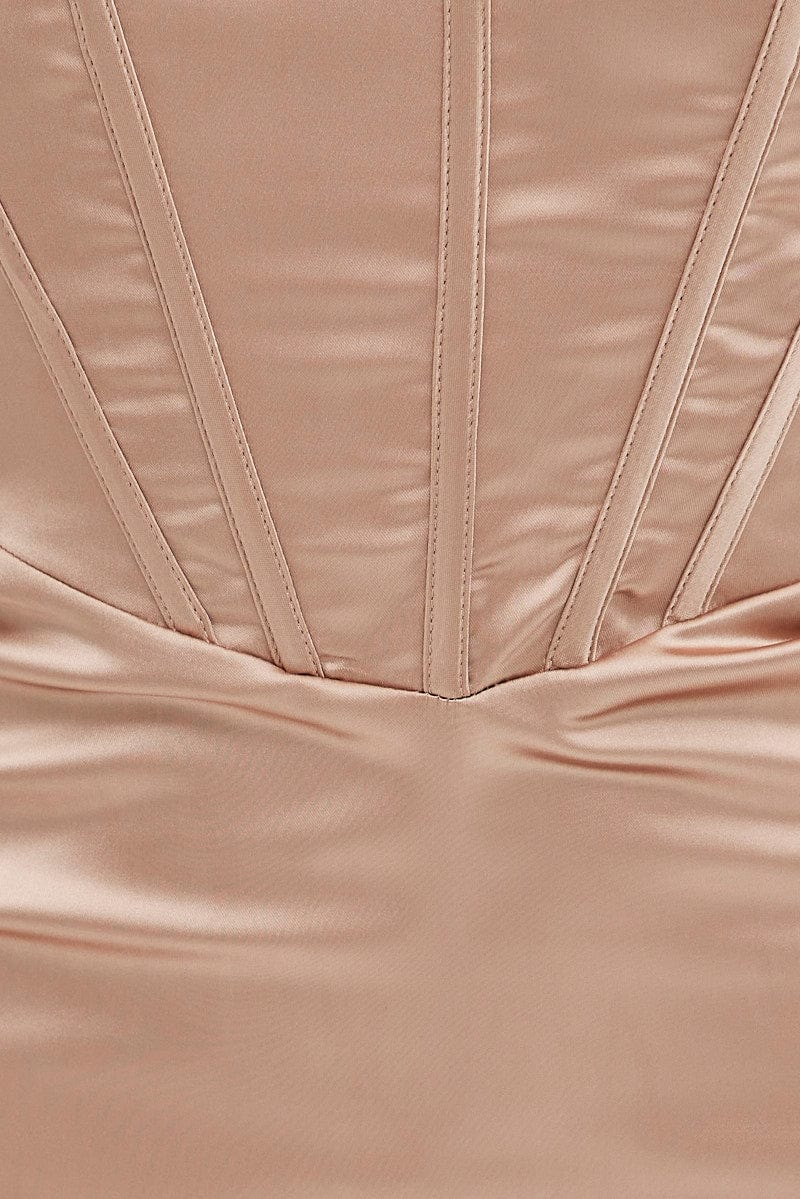 Beige Mini Dress Strapless Corset Detail Satin for Ally Fashion