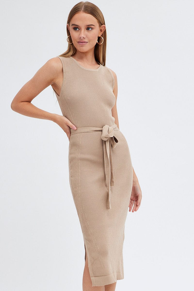 Beige Knit Dress Sleeveless Round Neck Belted Midi for Ally Fashion