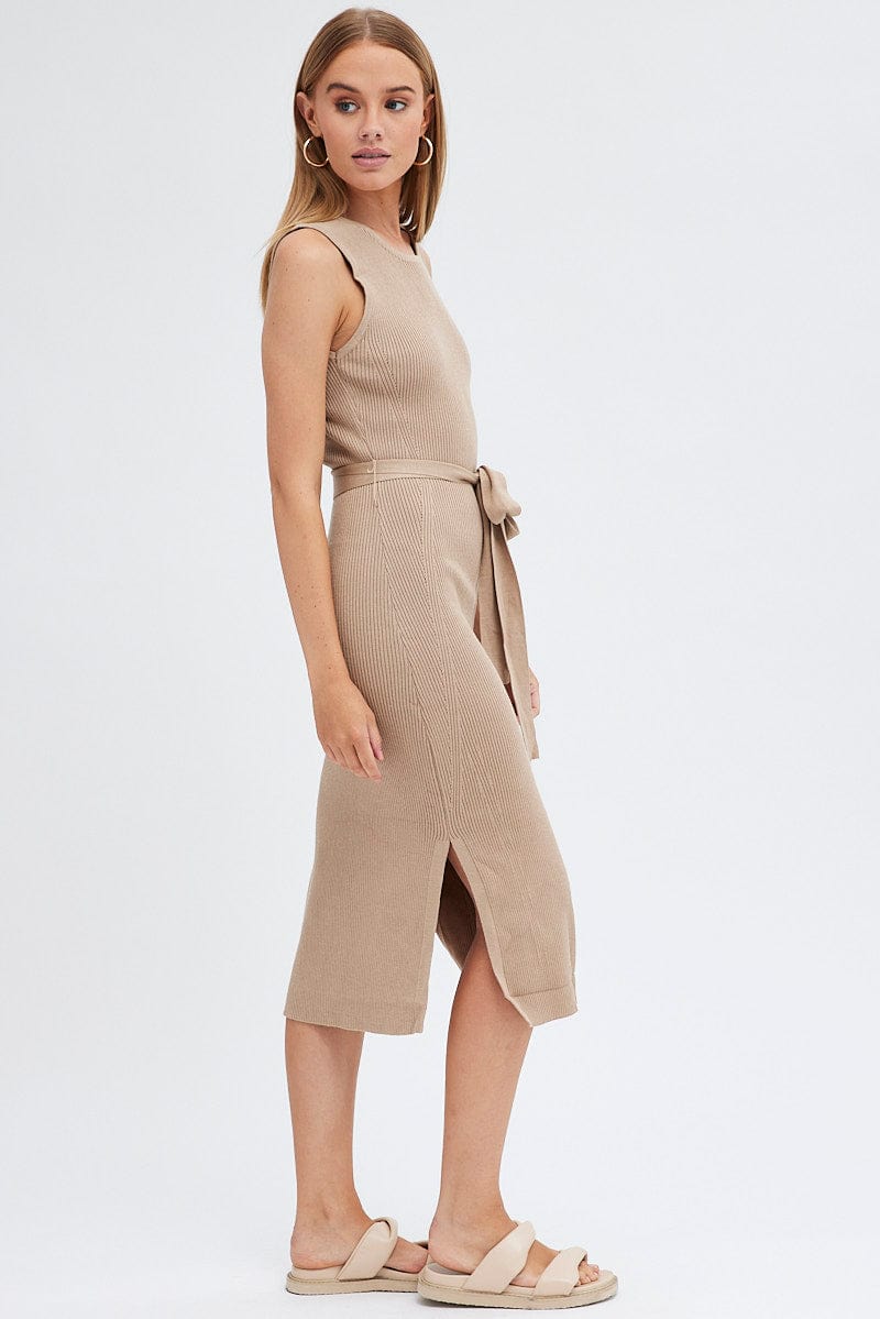 Beige Knit Dress Sleeveless Round Neck Belted Midi for Ally Fashion