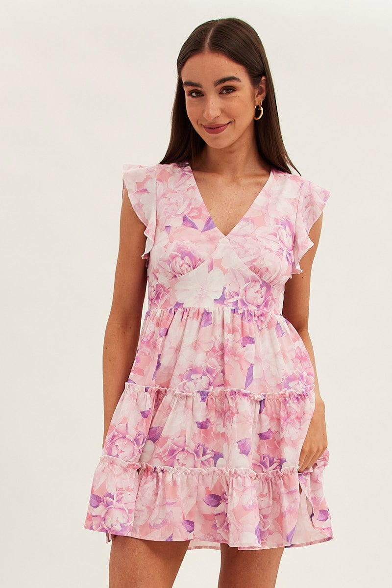 Pink Floral Fit And Flare Dress Sleeveless V-Neck for Ally Fashion