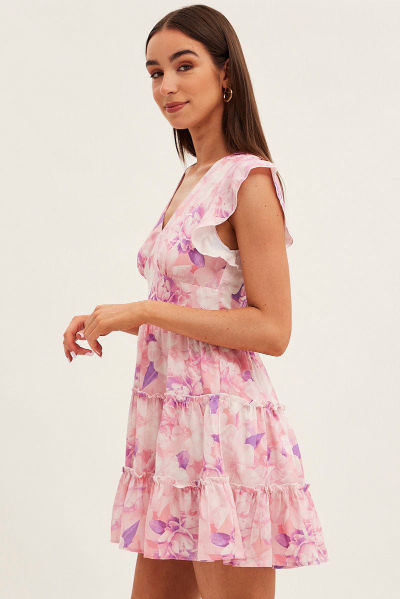 Pink Floral Fit And Flare Dress Sleeveless V-Neck for Ally Fashion