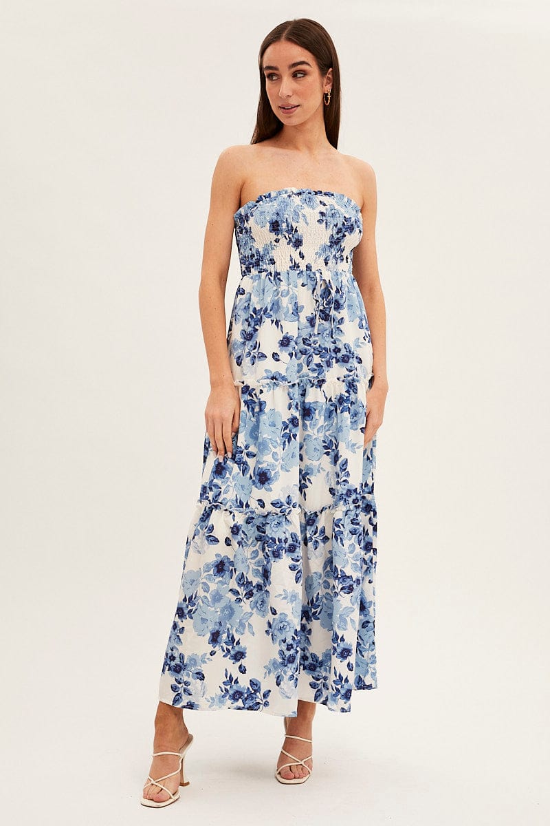 Blue Floral Maxi Dress Shirred Bust Strapless for Ally Fashion