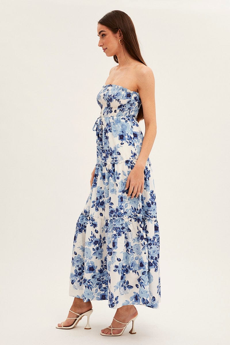 Blue Floral Maxi Dress Shirred Bust Strapless for Ally Fashion