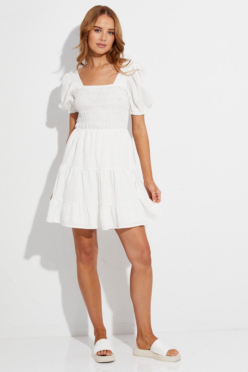 White Fit And Flare Dress Puff Sleeve Square Neck for Ally Fashion
