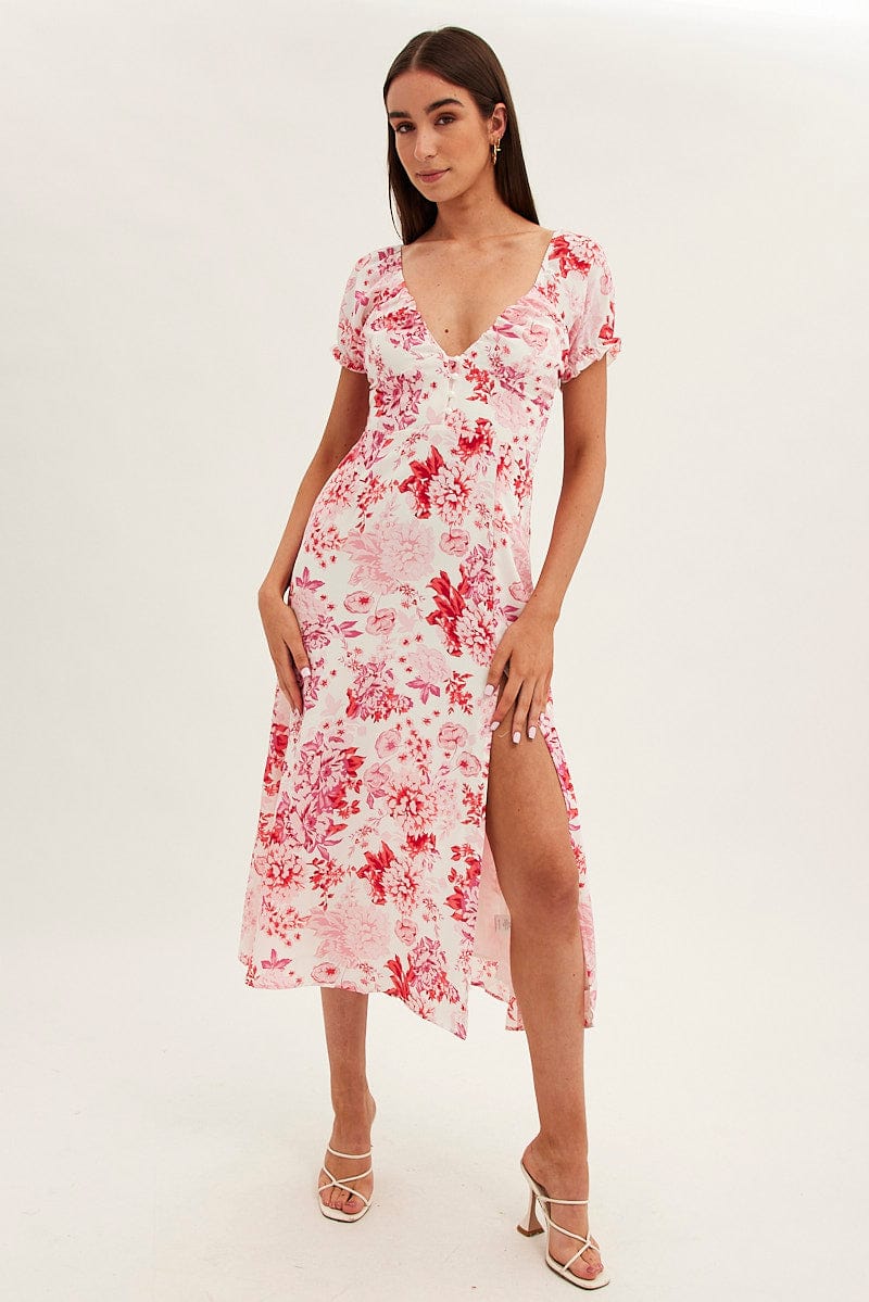 Pink Floral Midi Dress Short Sleeve Sweet Heart Neck for Ally Fashion