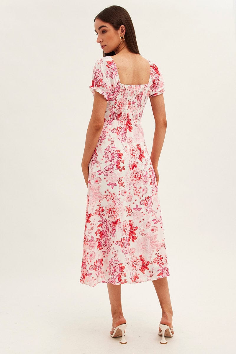 Pink Floral Midi Dress Short Sleeve Sweet Heart Neck for Ally Fashion