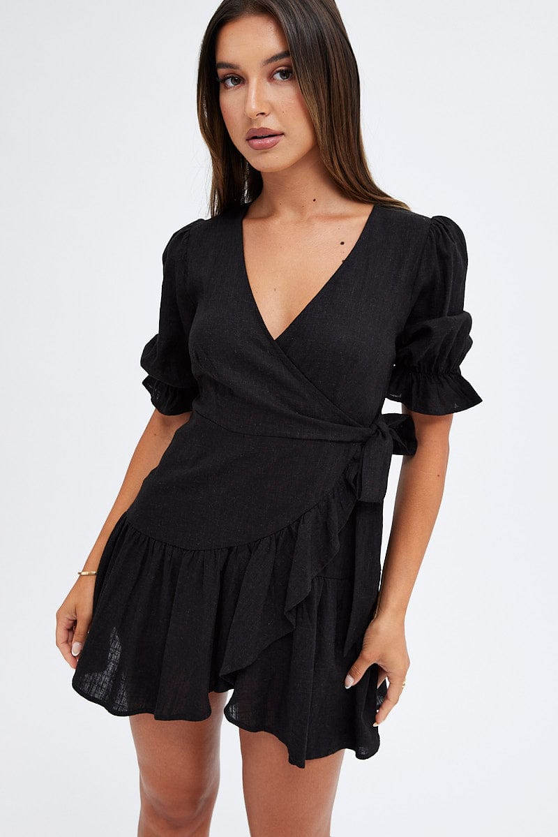 Black Fit And Flare Dress Puff Sleeve Linen Blend for Ally Fashion