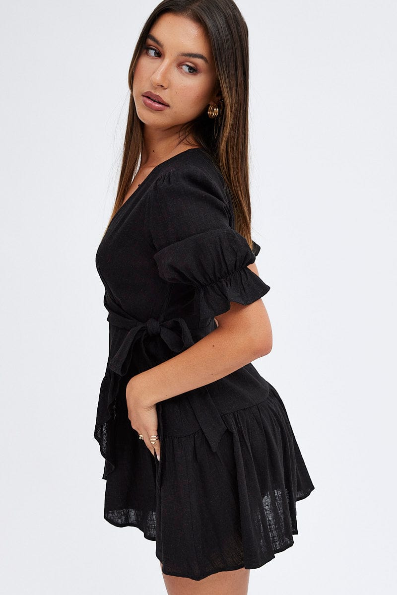 Black Fit And Flare Dress Puff Sleeve Linen Blend for Ally Fashion