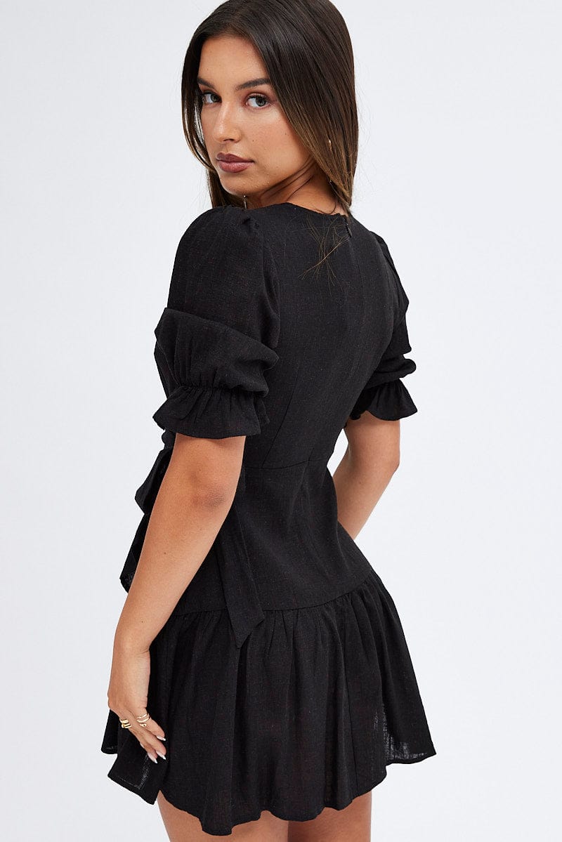 Black Fit And Flare Dress Puff Sleeve Linen Blend for Ally Fashion