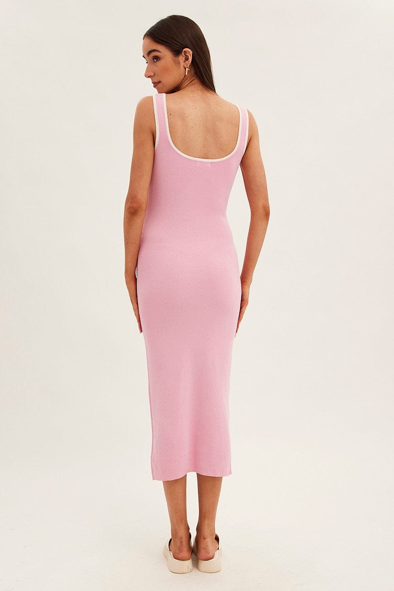 Pink Knit Dress Midi Sleeveless Contrast Binding for Ally Fashion