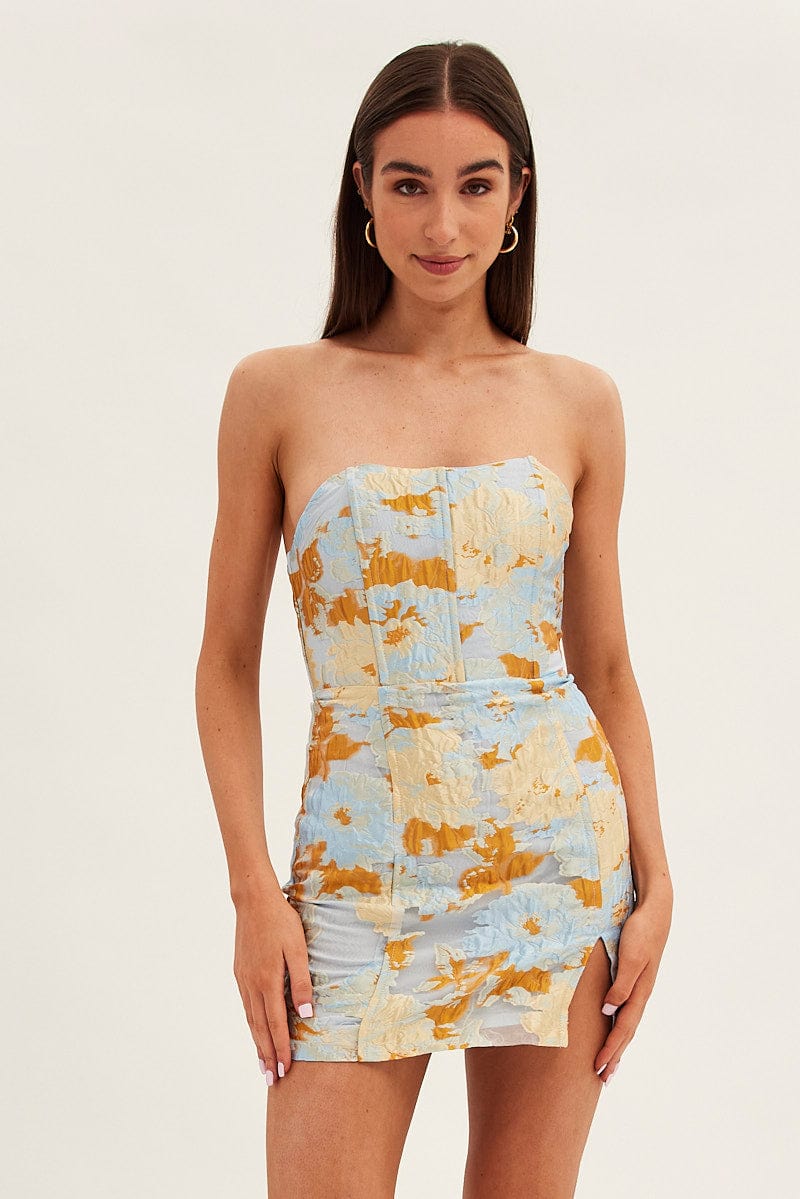 Blue Floral Mini Dress Strapless Bodycon for Ally Fashion