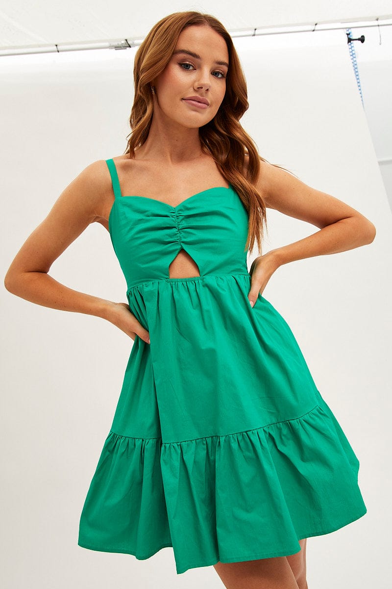 Green Fit And Flare Dress Sleeveless Ruched Bust for Ally Fashion