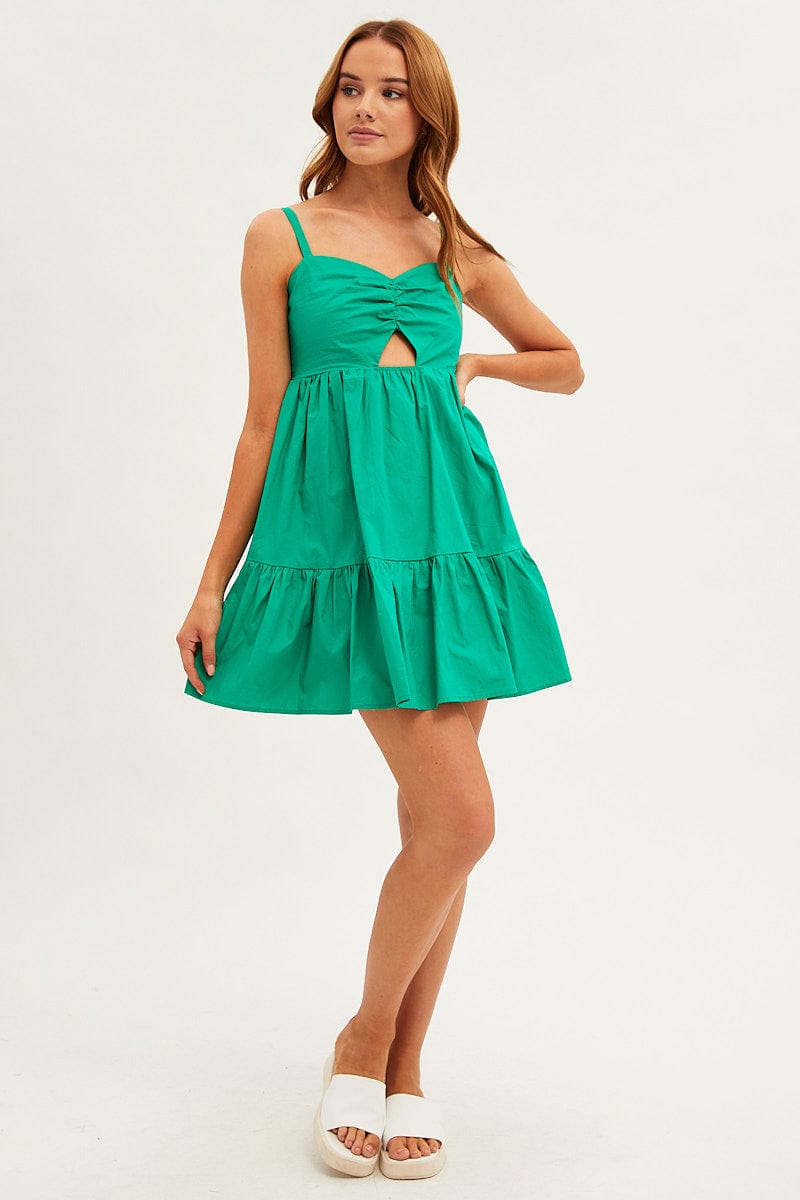 Green Fit And Flare Dress Sleeveless Ruched Bust for Ally Fashion