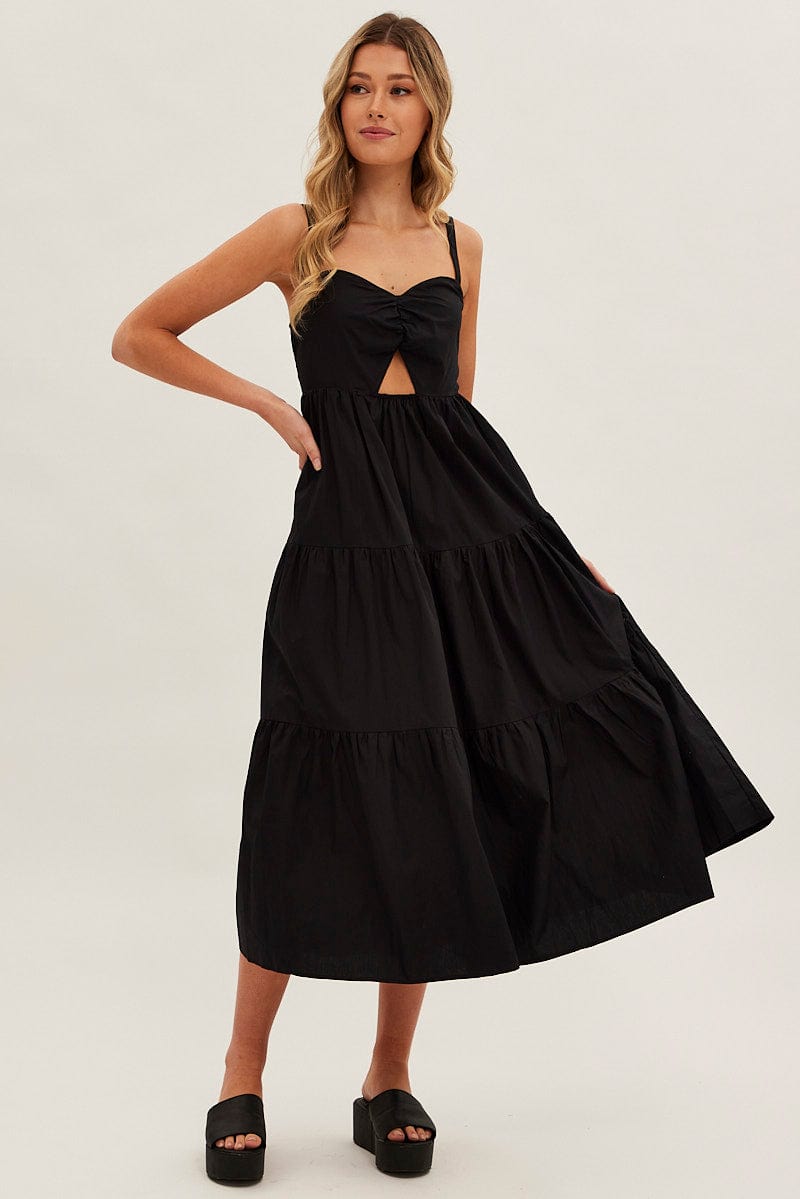 Black Maxi Dress Sleeveless Ruched Front for Ally Fashion