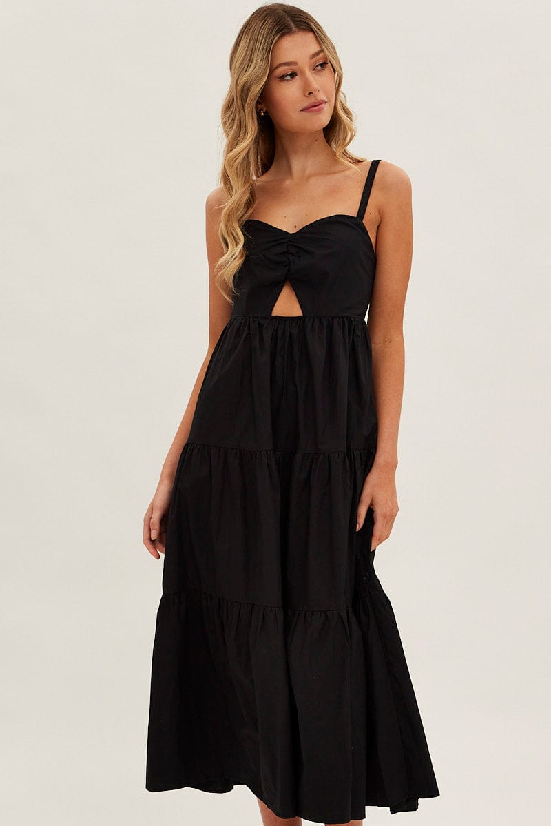 Black Maxi Dress Sleeveless Ruched Front for Ally Fashion