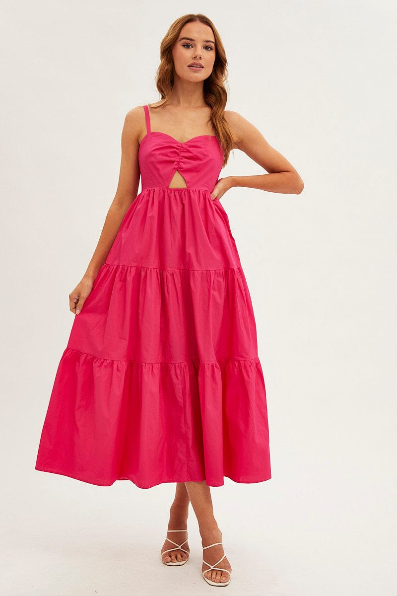 Pink Maxi Dress Sleeveless Ruched Front for Ally Fashion