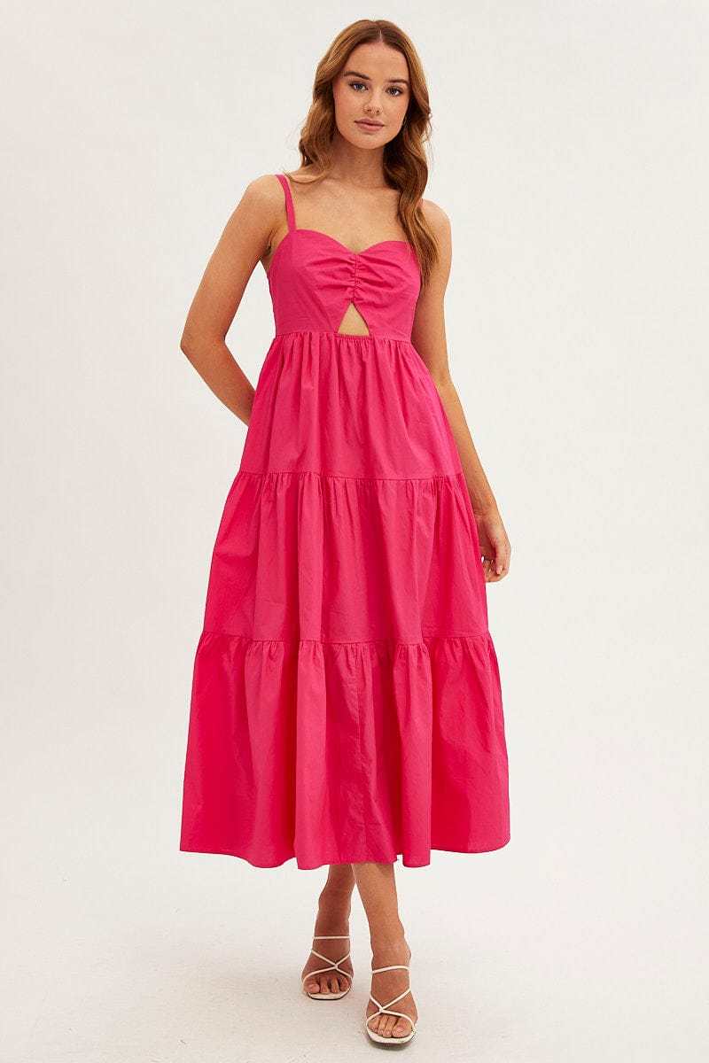 Pink Maxi Dress Sleeveless Ruched Front for Ally Fashion