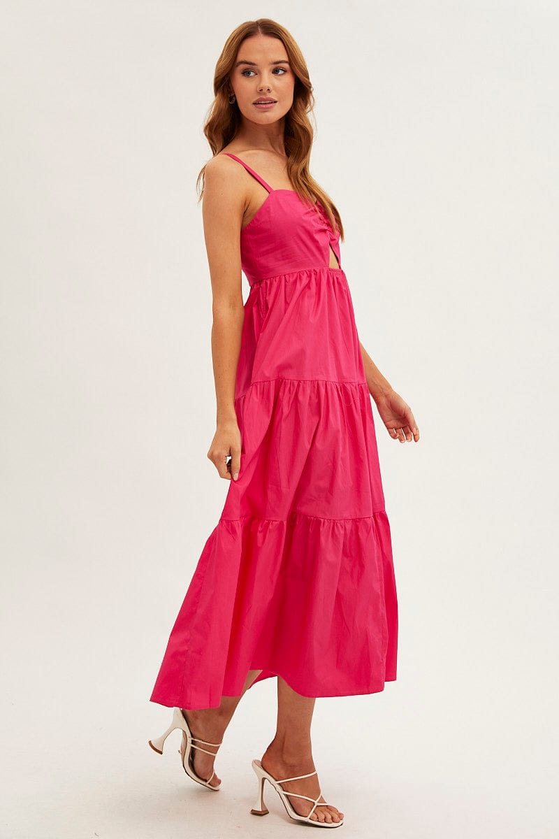 Pink Maxi Dress Sleeveless Ruched Front for Ally Fashion