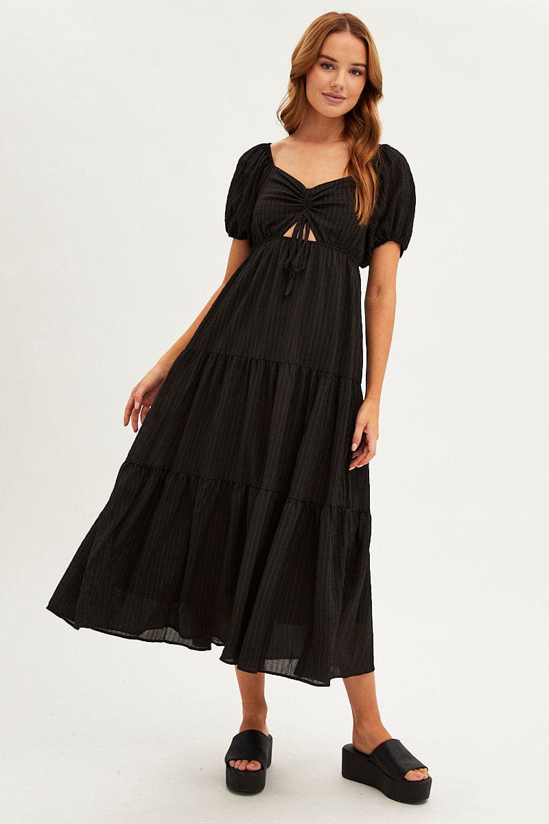 Black Maxi Dress Sweetheart Neck Puff Sleeve for Ally Fashion
