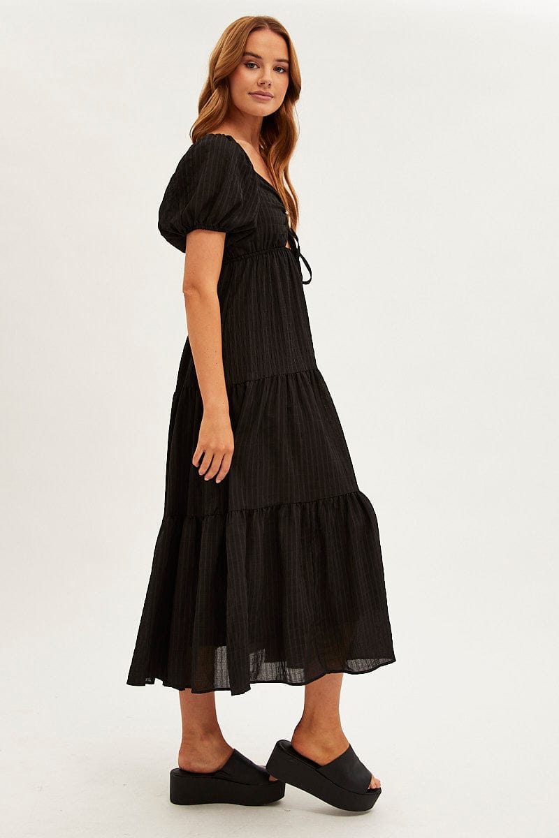 Black Maxi Dress Sweetheart Neck Puff Sleeve for Ally Fashion