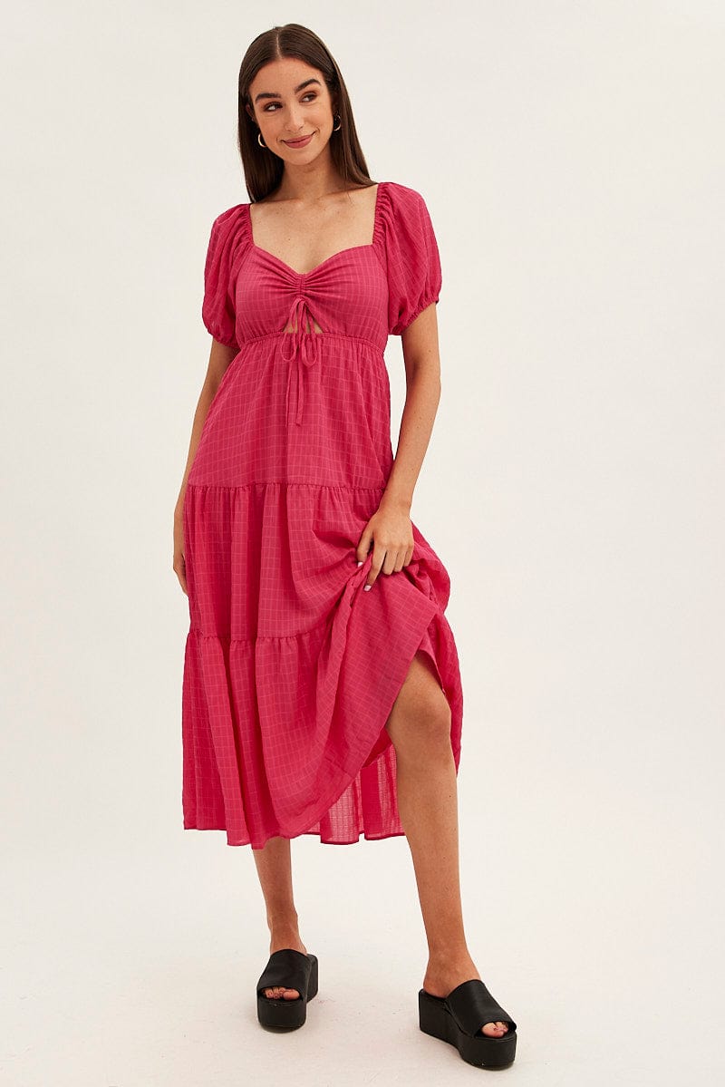 Pink Maxi Dress Sweetheart Neck Puff Sleeve for Ally Fashion