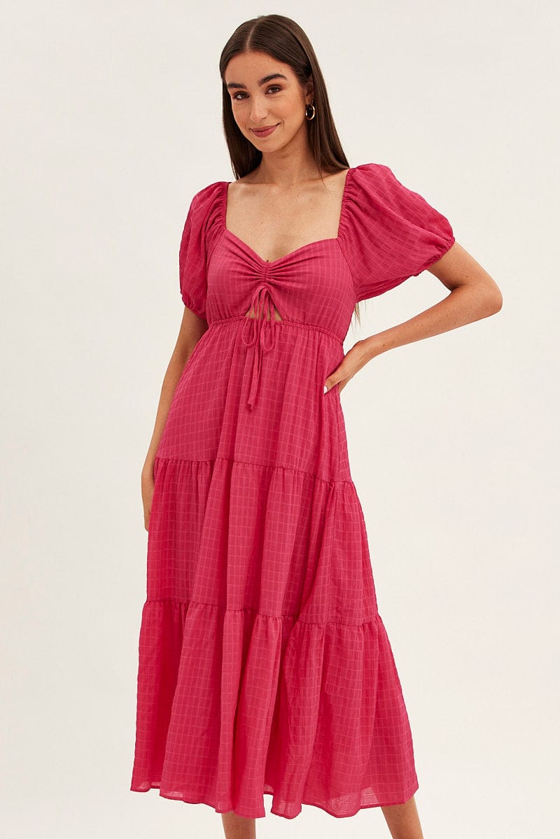 Pink Maxi Dress Sweetheart Neck Puff Sleeve for Ally Fashion