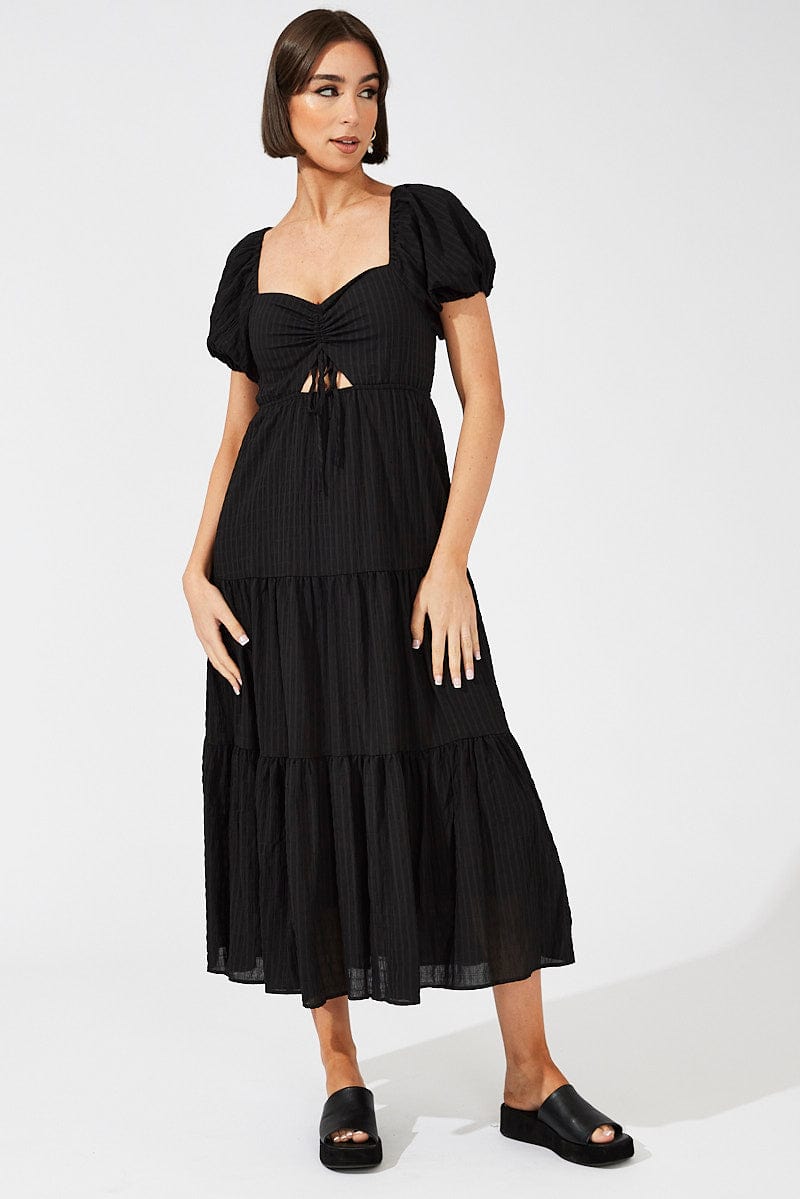 Black Midi Dress Puff Sleeve Ruch Front | Ally Fashion