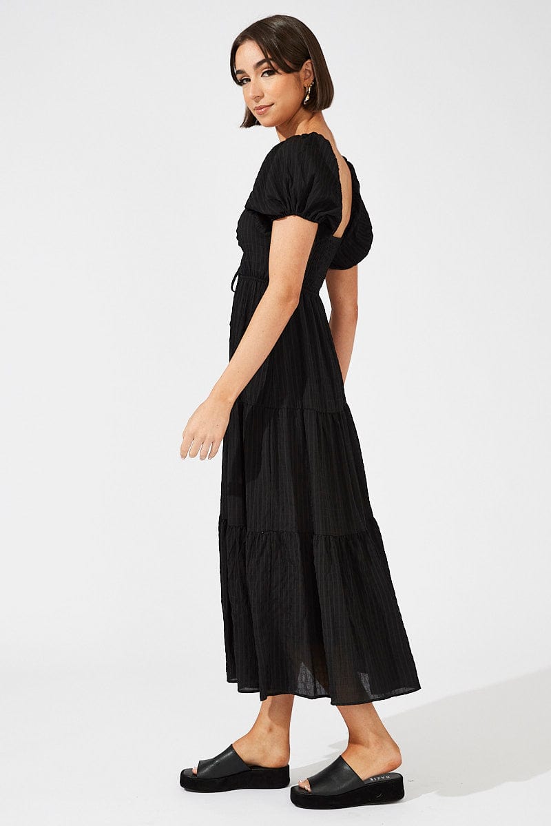 Black Midi Dress Puff Sleeve Ruch Front | Ally Fashion