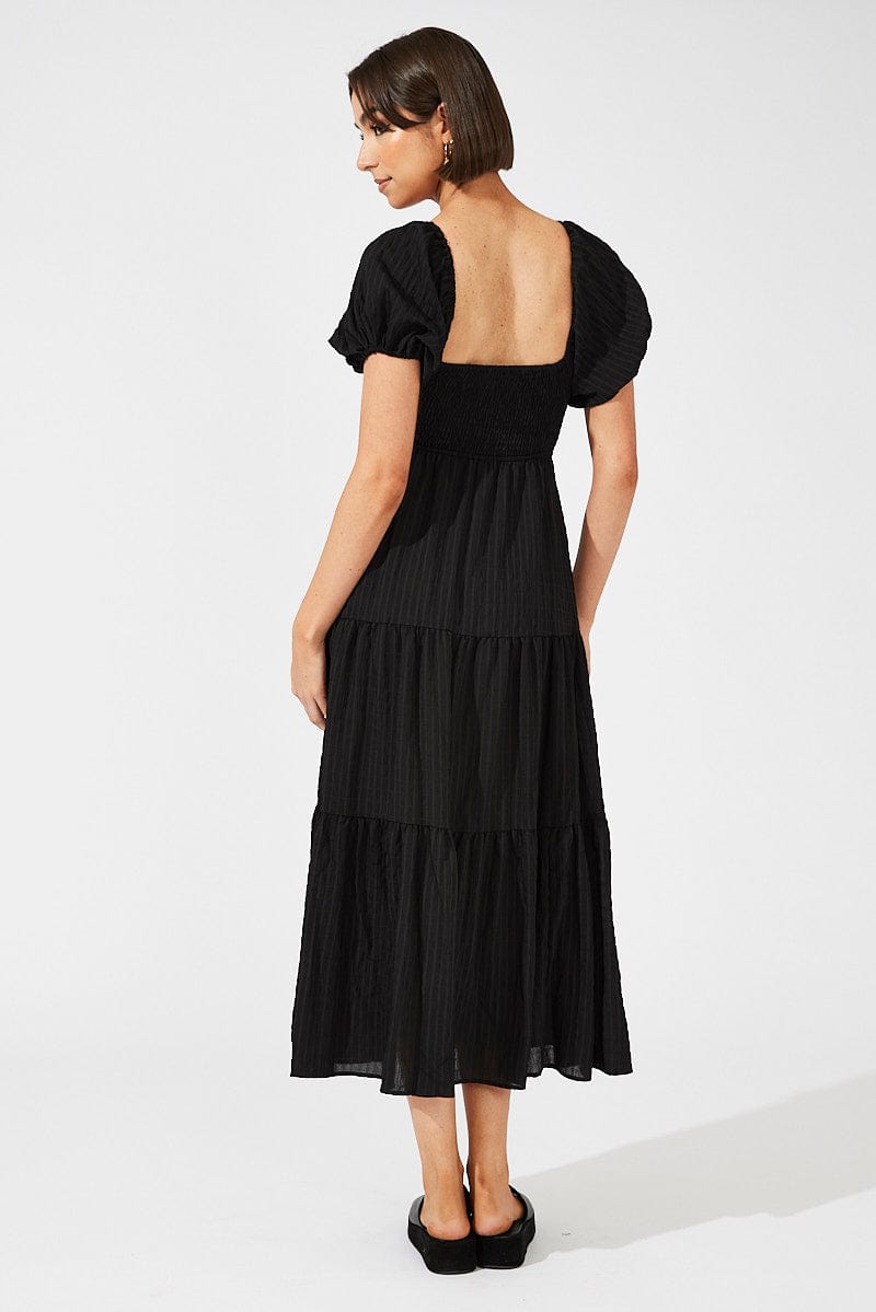 Black Midi Dress Puff Sleeve Ruch Front | Ally Fashion