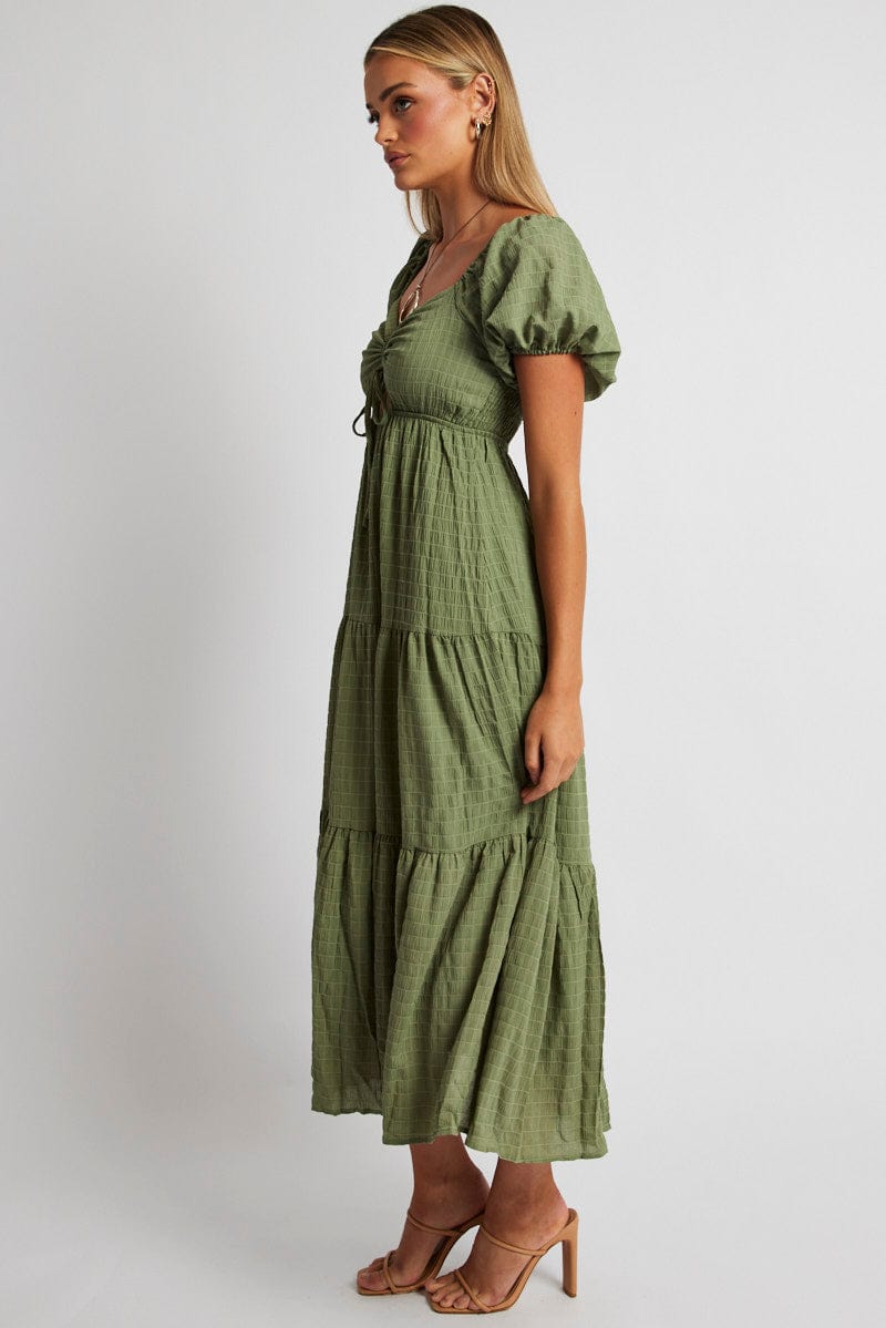 Green Midi Dress Puff Sleeve Ruch Front | Ally Fashion