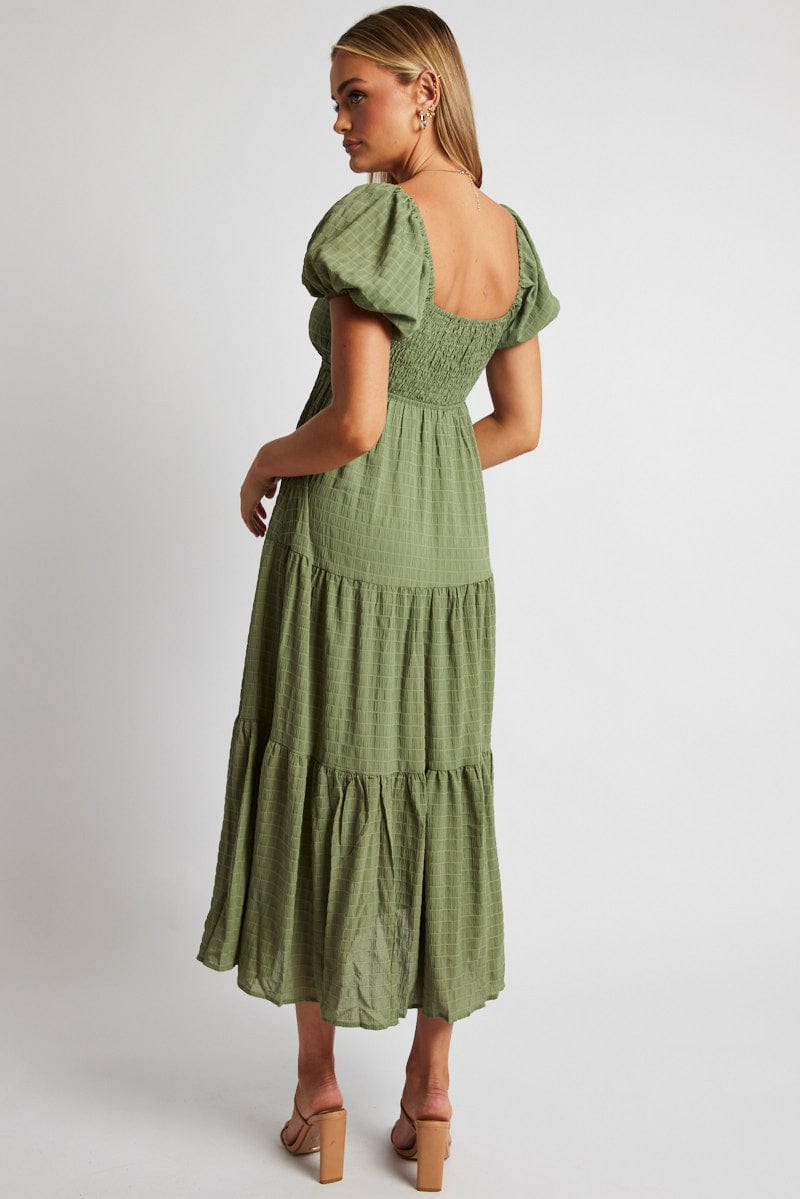 Green Midi Dress Puff Sleeve Ruch Front | Ally Fashion