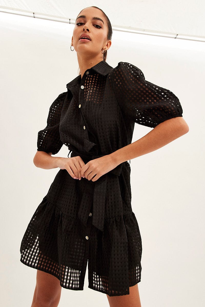Black Shirts Dress Collard Half Sleeve Mini Dress for Ally Fashion