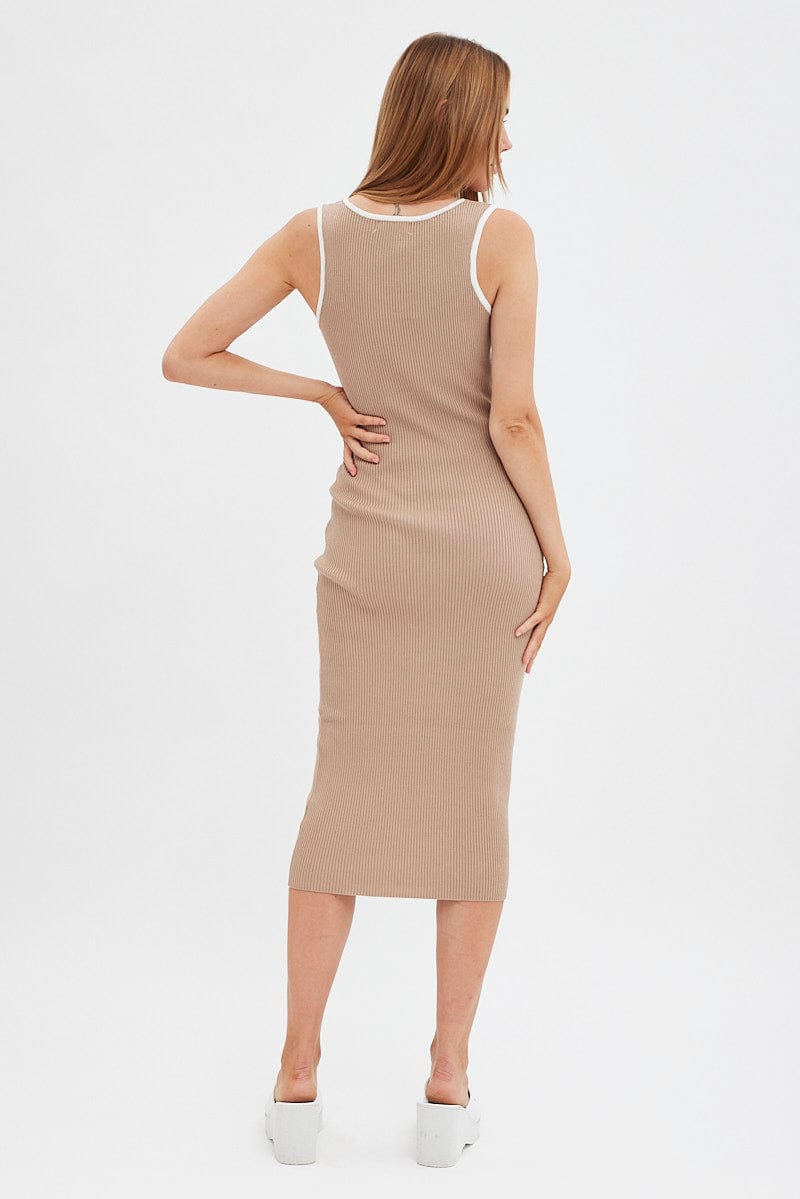 Brown Knit Dress Midi Square Neck Contrast Binding for Ally Fashion