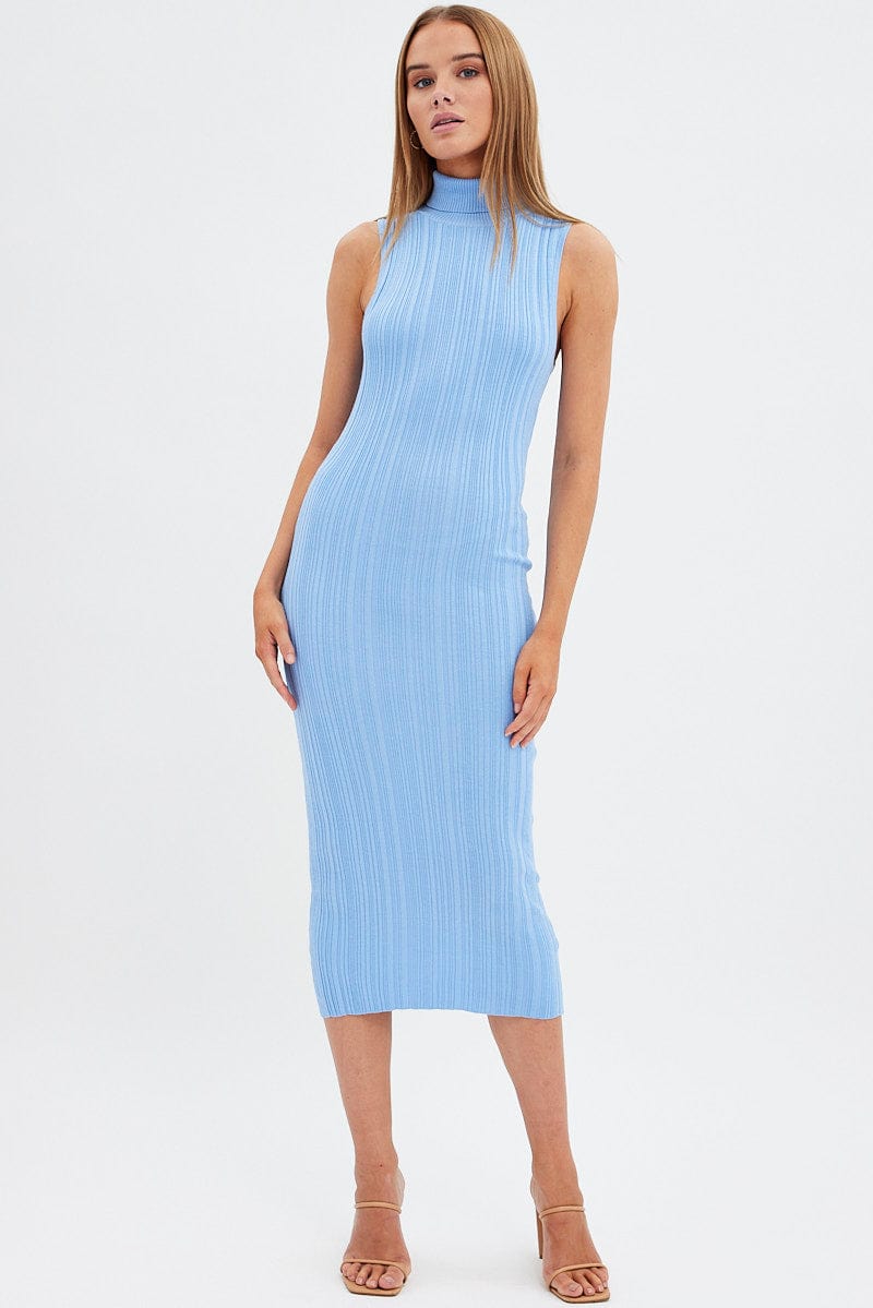 Blue Knit Dress Midi Square Neck for Ally Fashion