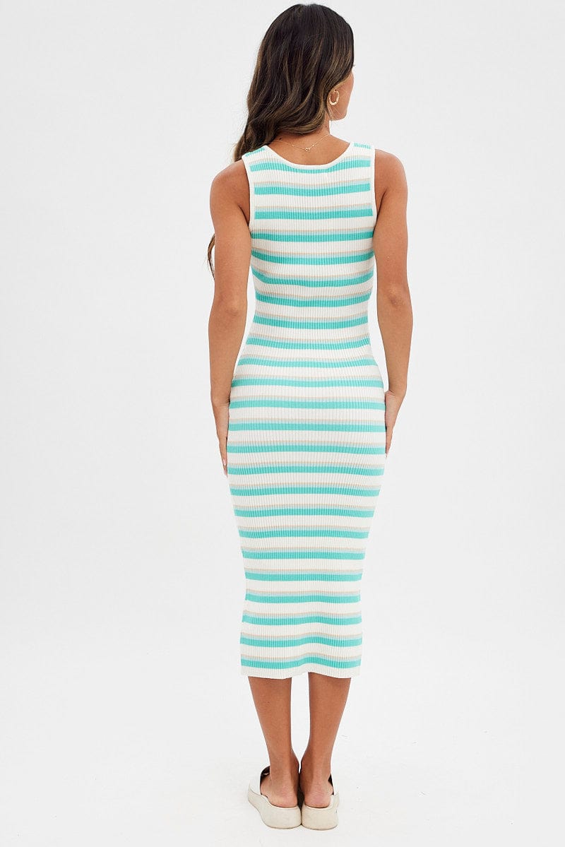 Blue Stripe Knit Dress Midi Square Neck Ally Fashion