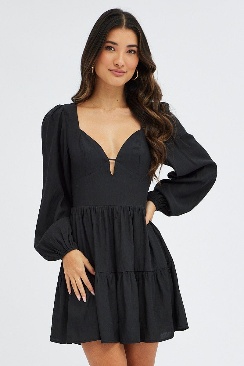 Black Fit And Flare Dress Long Sleeve Mini | Ally Fashion