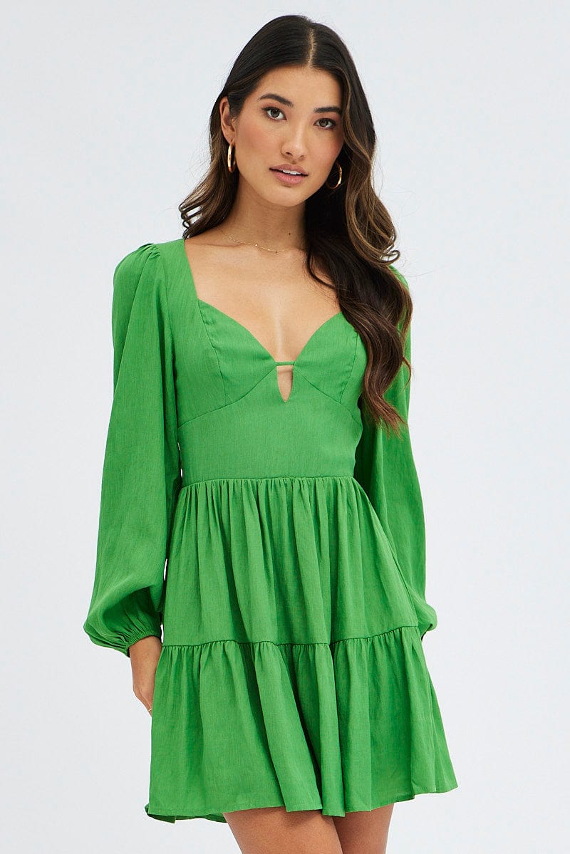 Green Fit And Flare Dress Long Sleeve Mini for Ally Fashion