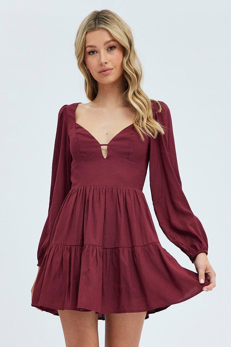 Purple Fit And Flare Dress Long Sleeve Mini for Ally Fashion