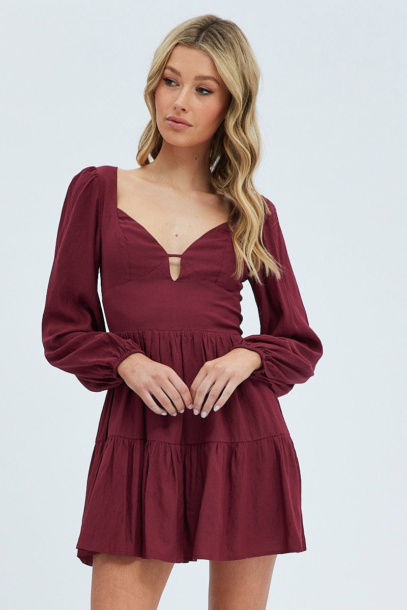 Purple Fit And Flare Dress Long Sleeve Mini for Ally Fashion