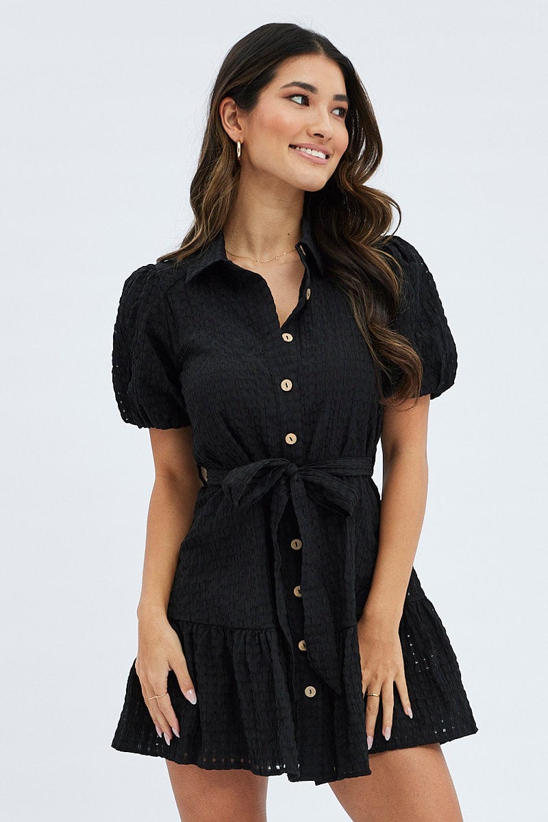 Black Shirts Dress Puff Sleeve Mini for Ally Fashion